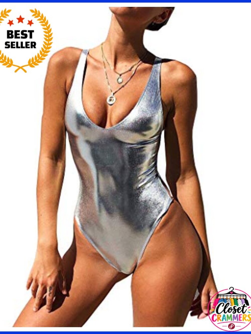 Metallic One Piece Push Up Swimsuit Scoop Neck Backless High Cut